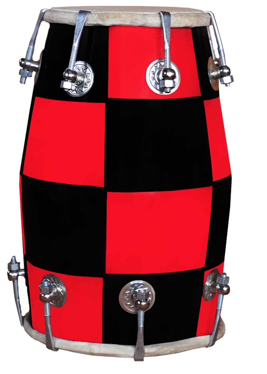 Handmade Mango Wooden 14" Baby Dholak Nut & Bold With Beautiful Check Design - Red & Black Color | Goat Skin On Both Side