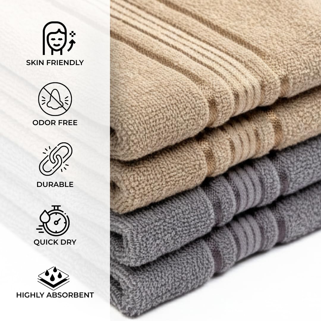 Akiko Home 100% Cotton Essential Series Hand Towels 800 Gsm | Soft, Absorbent & Durable, Cotton Hand Towel For Bathroom Use, Gentle On Skin- Pack Of 4 (Beige & Grey)