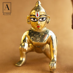 Beautiful Brass Laddu Gopal Murti, Bal Gopal, Gold, Brass, Idol Size - Medium 4 X 2 Inch, Petal Ke Laddoo Gopal Ji, Thakur Ji, Lord Krishna Murti, Home Décor, God Idol