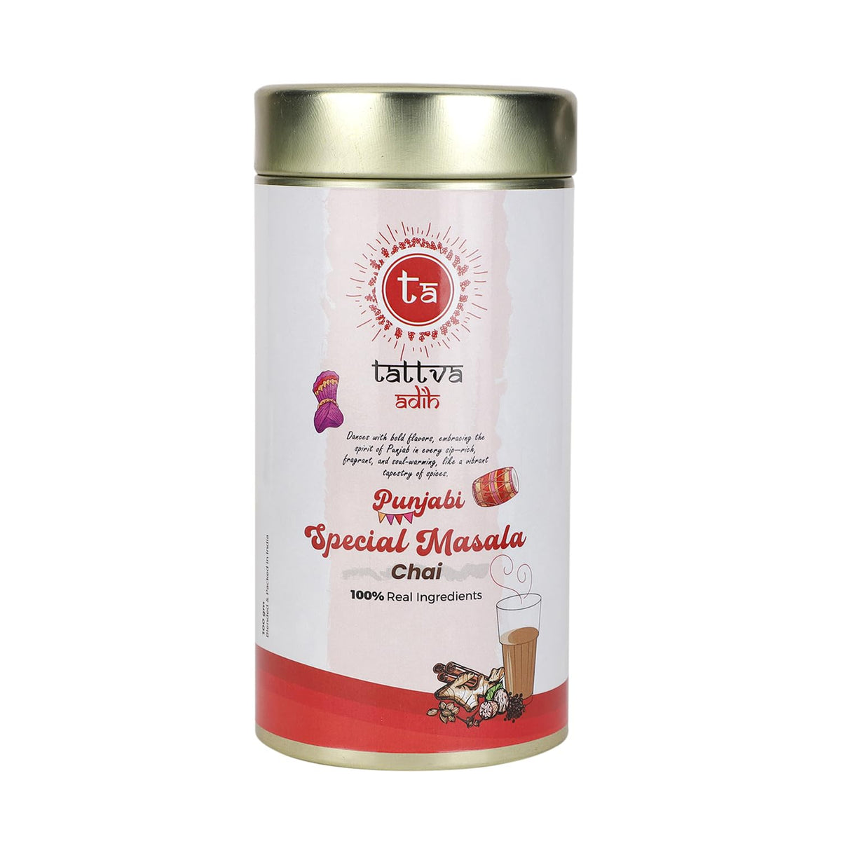 Tattva Adih Punjabi Special Masala Chai - 100gm, 3.5 Ounce, 50 Cups | CTC Blended With Punjabi Spices Premium Blend In Airtight Container - Low Caffeine