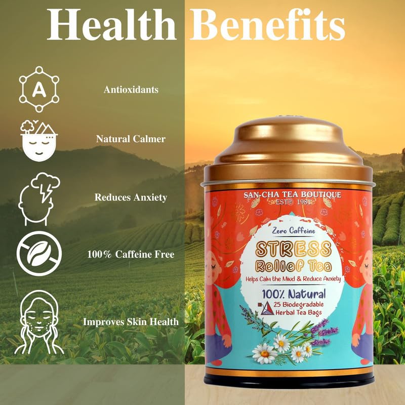 San-Cha Stress Relief Herbal Tea - 25 Biodegradable Herbal Tea Bags | Calms The Mind & Reduces Anxiety - Zero Caffeine, Environment Friendly