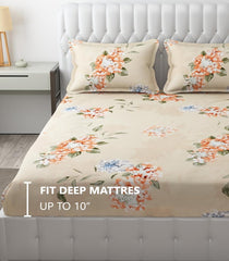 King Size Bedsheet With Two Pillow Cover (Size - 78 X 72 Inches, Rose Beige) | Elastic Fitted Floral Bedsheet | Best For Festival Gifting