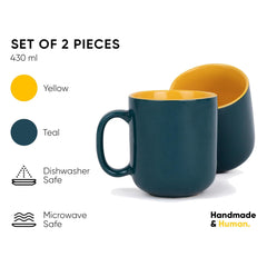Large Ceramic Coffee Mug Set Of 2 - Teal Yellow, 400ml Each | Ceramic Belly Mug, Tea Mug With Matte Finish - Mug For Coffee | Ceramic Coffee Mug - Microwave Safe & Dishwasher Safe