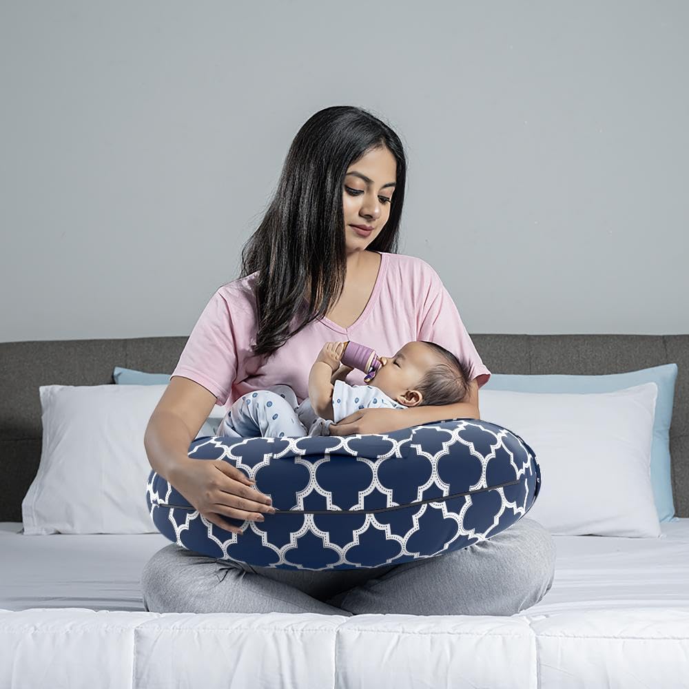 Feeding Pillow For New Born Baby, 5 In 1 Multipurpose Use, Nursing Pillow, Blue | Pillow With Belt & Hoop For Breastfeeding With Cotton Removable Cover | Stay-Put Support For Every Position