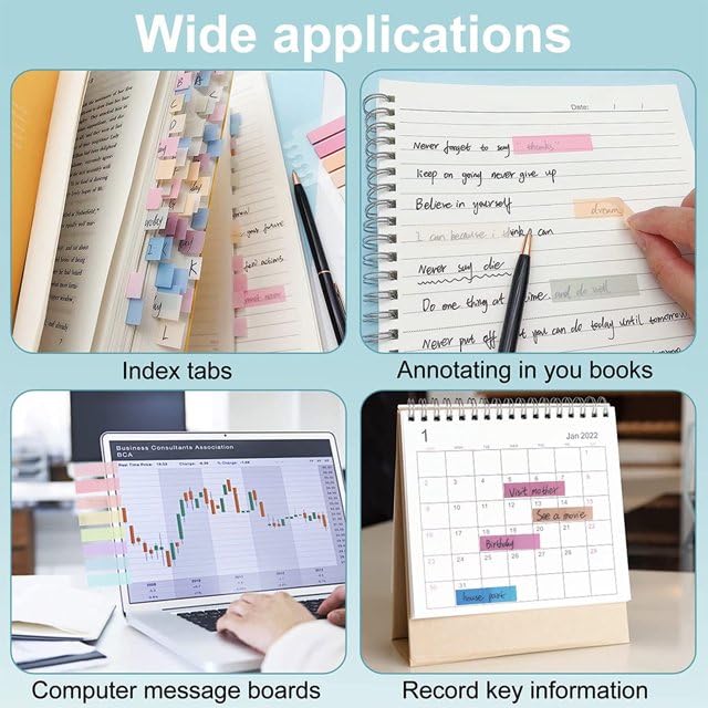 Sticky Book Tabs Book Markers - Repositionable Book Flags Strip | (4 Packs - 800 Pcs Notes)