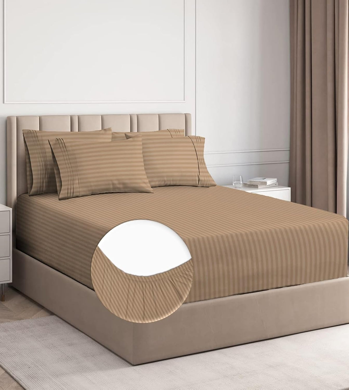 Elastic Fitted Bedsheets With 2 King Size Pillow Covers - Size - 72 X 78 + 10 Inches, Beige | Double Bed With All Around Elastic 220 Thread Count Super Soft