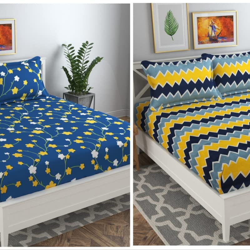 Combo Pack Of 2 Double Bedsheet With 4 Pillow Covers | 90 X 90 Inches, Yellow & Blue - 180 Thread Count Soft Brushed Cotton-Blend Long Lasting & Wrinkle Free