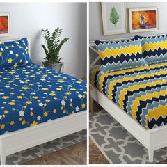 Combo Pack Of 2 Double Bedsheet With 4 Pillow Covers | 90 X 90 Inches, Yellow & Blue - 180 Thread Count Soft Brushed Cotton-Blend Long Lasting & Wrinkle Free
