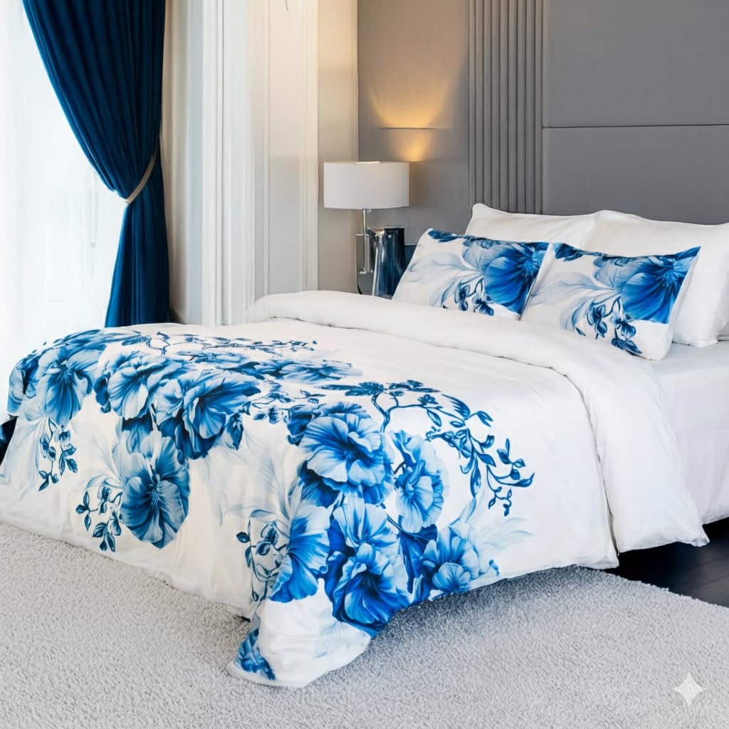 Printed Cotton Bedsheet For Queen Size With 2 Pillow Cover | 88 X 100 Inches, White & Blue | Wrinkle Free Soft Perfect For Everyday Use