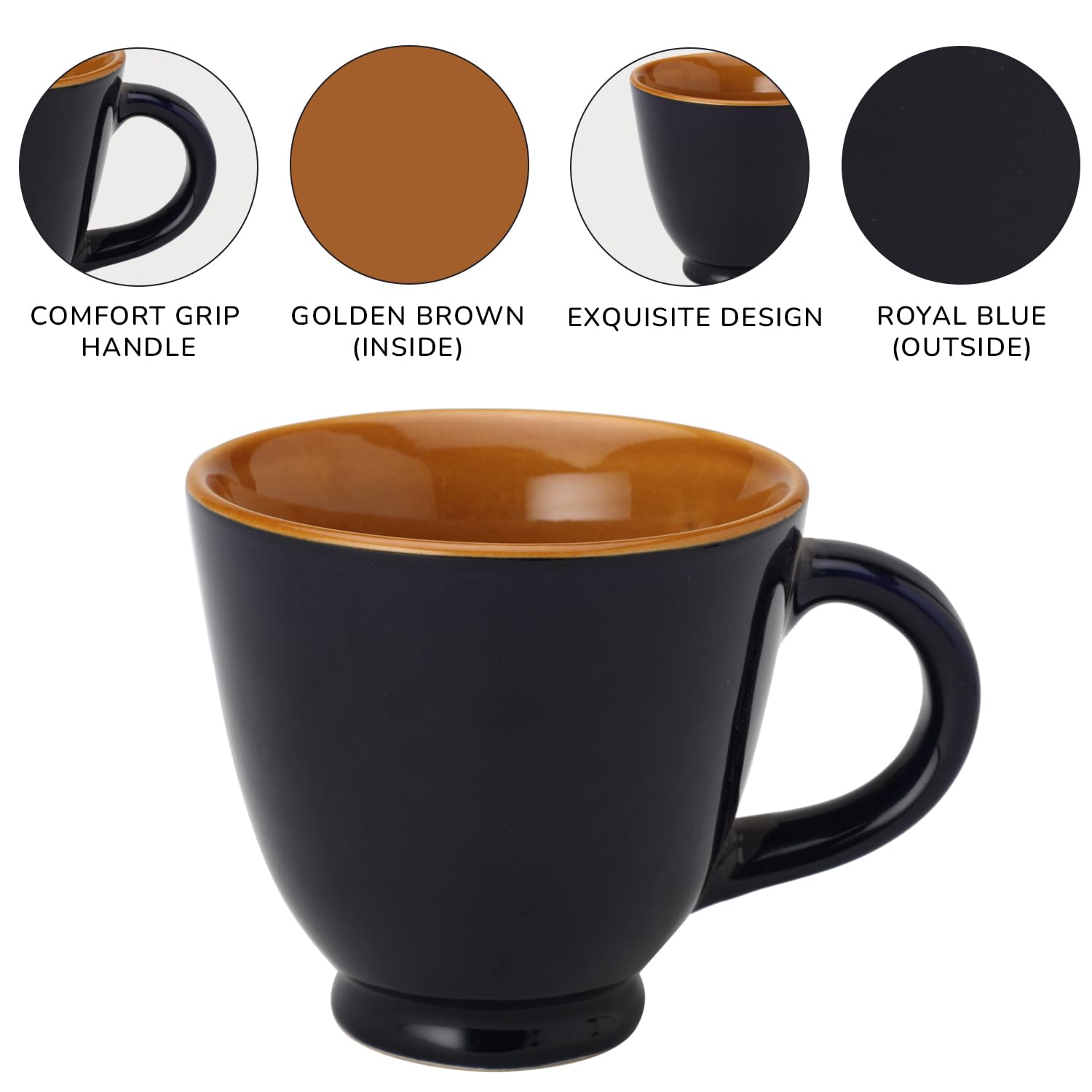 Ceramic Tea & Coffee Serving Mug Set Of 6 - 180ml Each, Royal Blue | Ideal For Green Tea, Hot Chocolate & Milk - Microwave & Dishwasher Safe | Glossy Finish