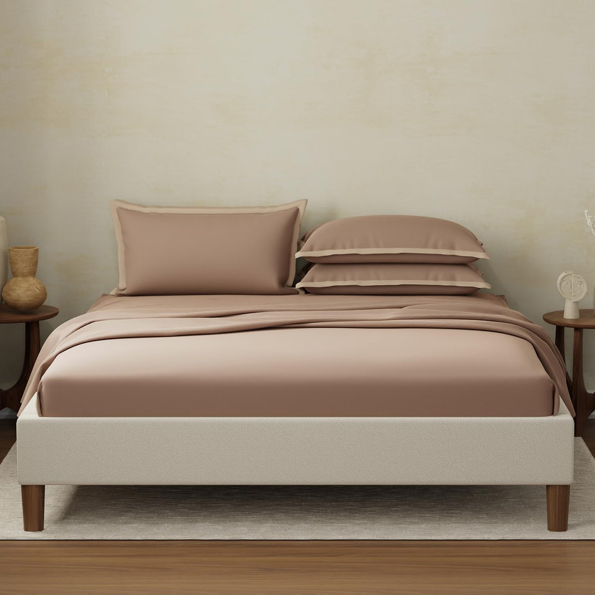 100% Cotton Plain Bedsheet Set With 4 Pillow Covers - 108 X 108 Inches, Brown | 400 Thread Count - Gift For Weddings Or Anniversary King Size Bedsheet
