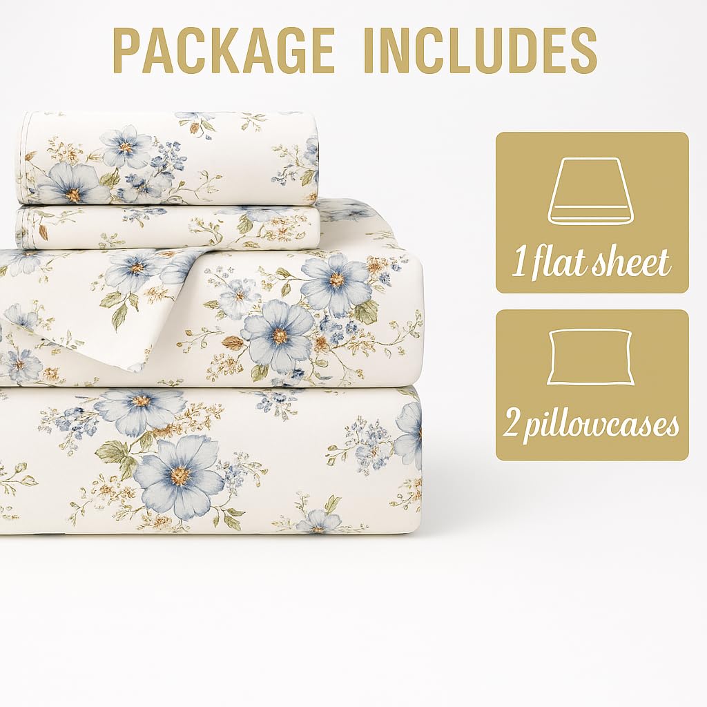 King Size Bedsheet With 2 Pillow Covers - 108 X 108 Inches, Cream & Blue | Wrinkle & Fade Resistant Bedding | Perfect For Homes, Hotels, Villas, Resorts & Guest Houses