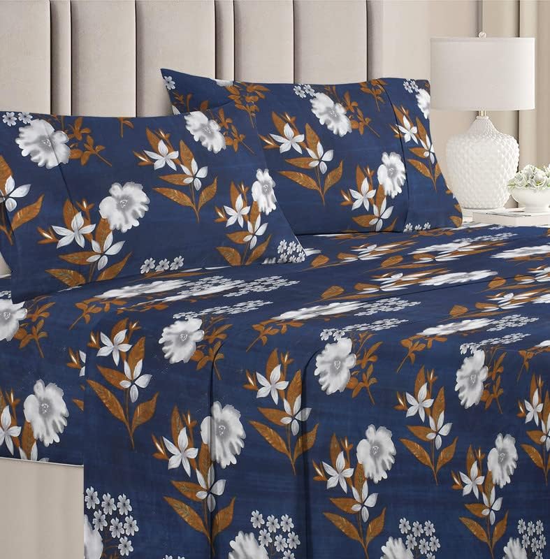 Microfiber Bedsheet For Double Bed With 2 Pillow Covers - 90 X 88 Inches | Breathable & Wrinkle Free, Soft Touch Print Sheet- Dark Blue