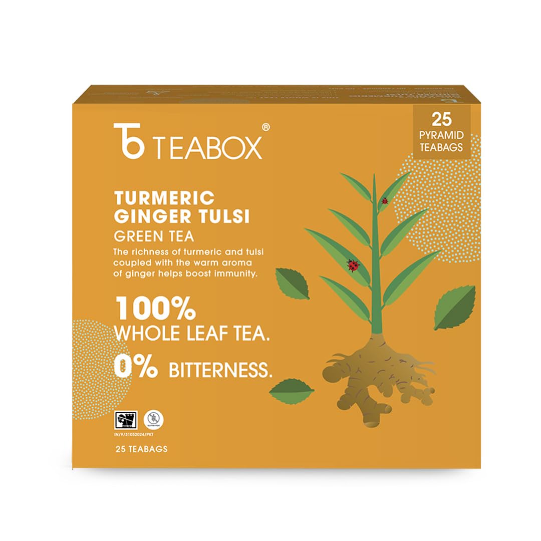 Teabox Turmeric Ginger Tulsi Green Tea - 25 Tea Bags | Made With 100% Whole Leaf, Natural Ginger, Turmeric & Tulsi - Flavorful & Soothing Tea | Low Caffeine, 0% Bitterness