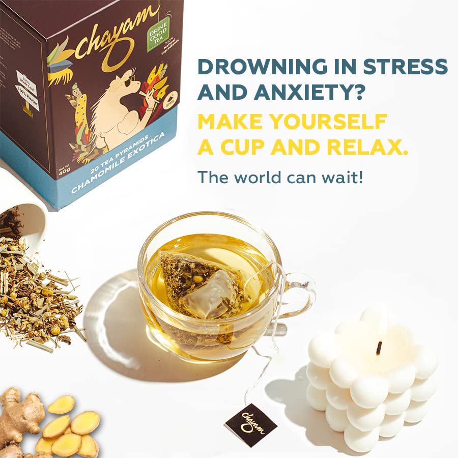 Chayam Chamomile Exotica Tea - 20 Pyramid Tea Bags | 100% Natural Whole Leaf Tea For Stress Relief, Good Sleep - Low Caffeine, Gluten Free, No Added Sugar