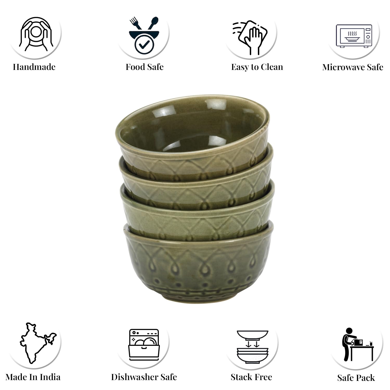 Ceramic Hand Glazed Stoneware Embossed Dinner Katori Set Of 4 - 180ml Each, Moss Green | Microwave Safe & Dishwasher Safe - Small Serving Bowl Set