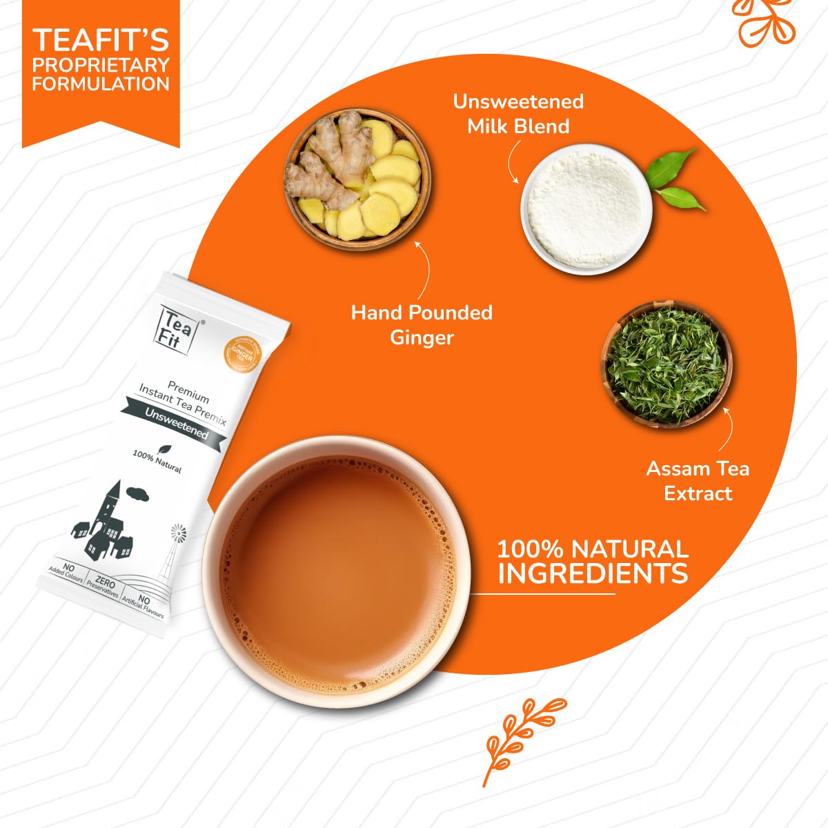 Teafit Unsweetened Instant Ginger Tea Premix - Pack Of 10 Sachets, 140gm, 4.9 Ounce | Premium Milk Tea Premix, Just Add Water - Strong Home Like Adrak Kadak Chai | Medium Caffeine
