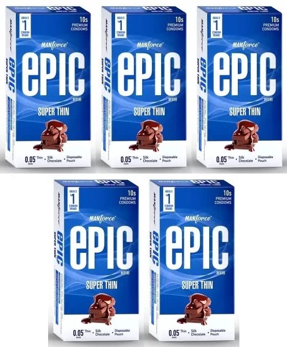 Manforce Epic Desire Super Thin Condoms For Men, Silk Chocolate Flavour, (10 Counts) X Pack Of 5