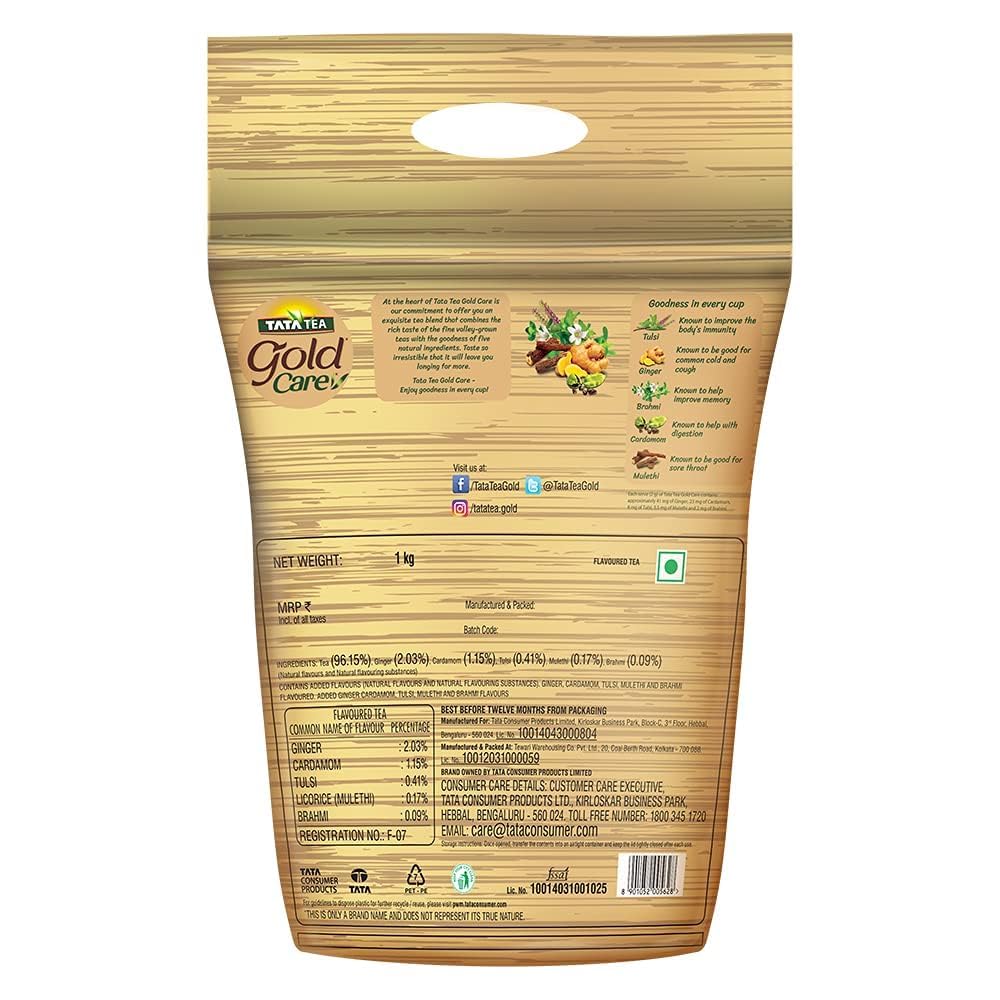 Tata Tea Gold Care Tea - 1 Kg, 35.2 Ounce | Goodness Of Elaichi, Ginger, Tulsi, Brahmi & Mulethi - Medium Caffeine Loose Leaves Chai Patti | Zip Lock Package