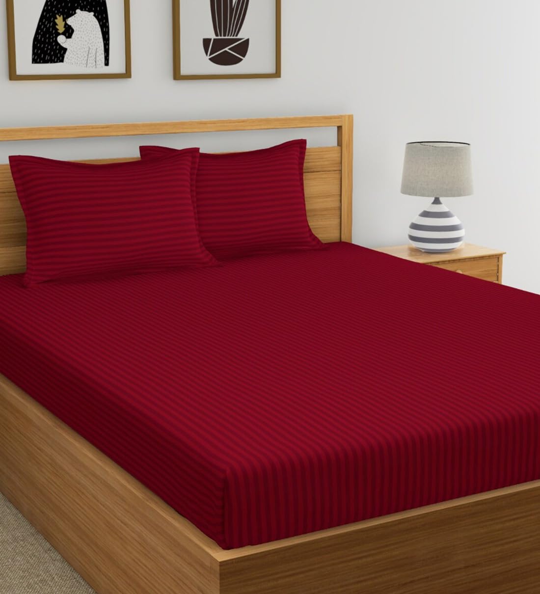 Elastic Fitted Bedsheet For Double Bed With Two Pillow Covers | King Size - 72 X 78 Inches, Maroon | Durable & Soft Fabric Offers Comfort