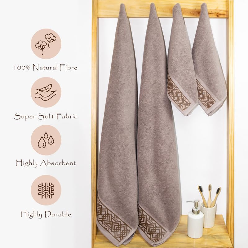 Rangoli 100% Cotton Fibre 2 Hand & 2 Bath Towel 1400 Gsm | Highly Durable & Absorbent Towel | Skin-Friendly & Quick Drying Luxury Towels (Brown) - Pack Of 4
