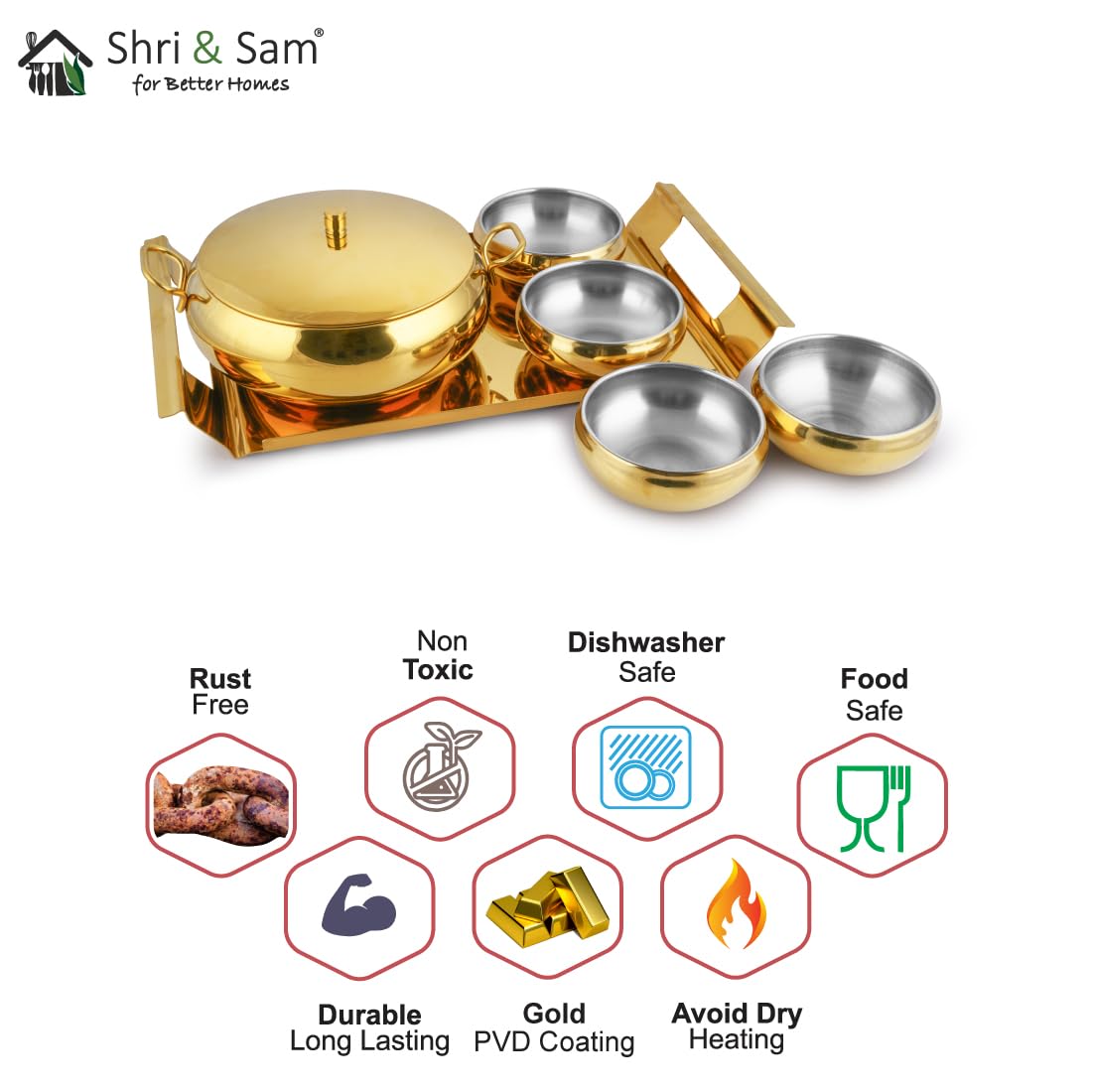 Stainless Steel Farm House Serving Set, Golden | 1 Big Serving Bowl With Lid, 1000ml + 4 Small Bowls+ 1 Tray