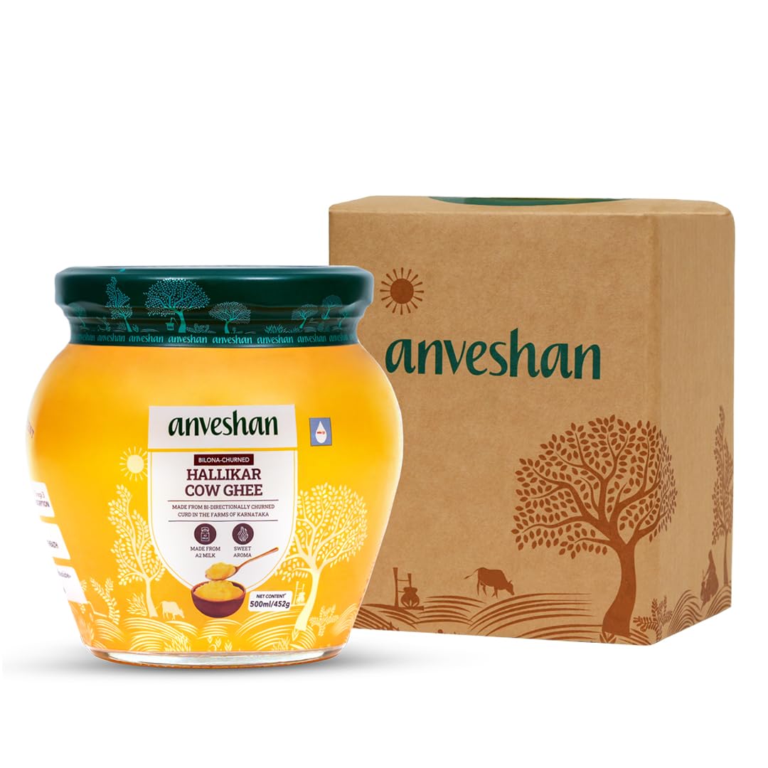 100% Natural Hallikar A2 Cow Ghee By Anveshan | High In Vitamins A, D & Healthy Bilona Method Desi Ghee Supports Heart Health | (500ml) 16.9 Ounce | Jar Pack