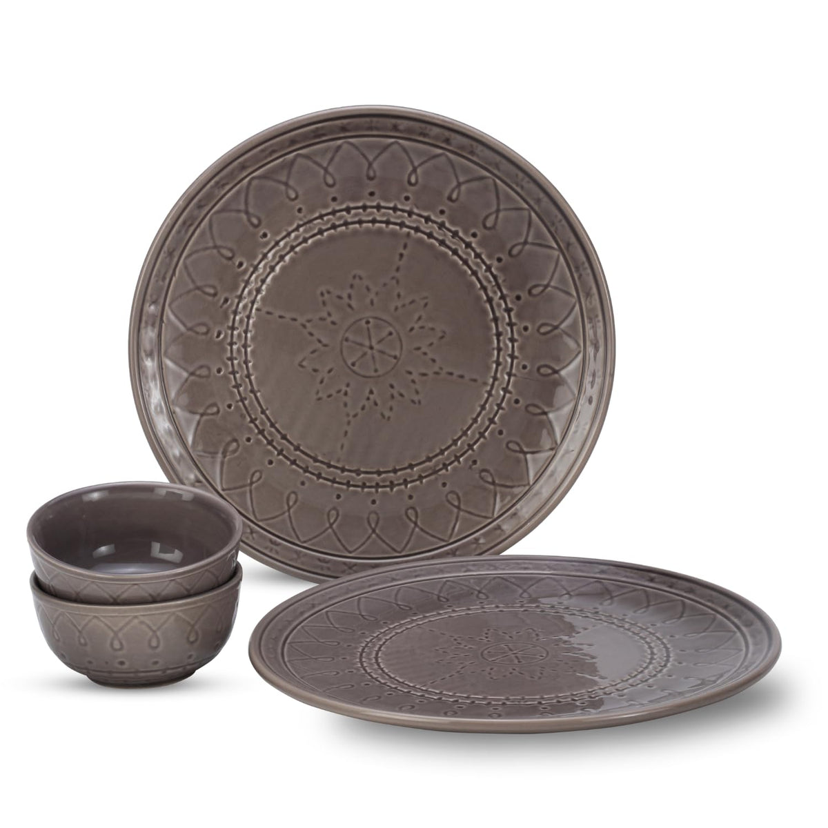 Handcrafted Stoneware Embossed Ceramic Dinner Set Of 4 Pcs - Ash Grey | 2 Dinner Plates + 2 Small Dinner Bowls, 180ml Each - Microwave & Dishwasher Safe