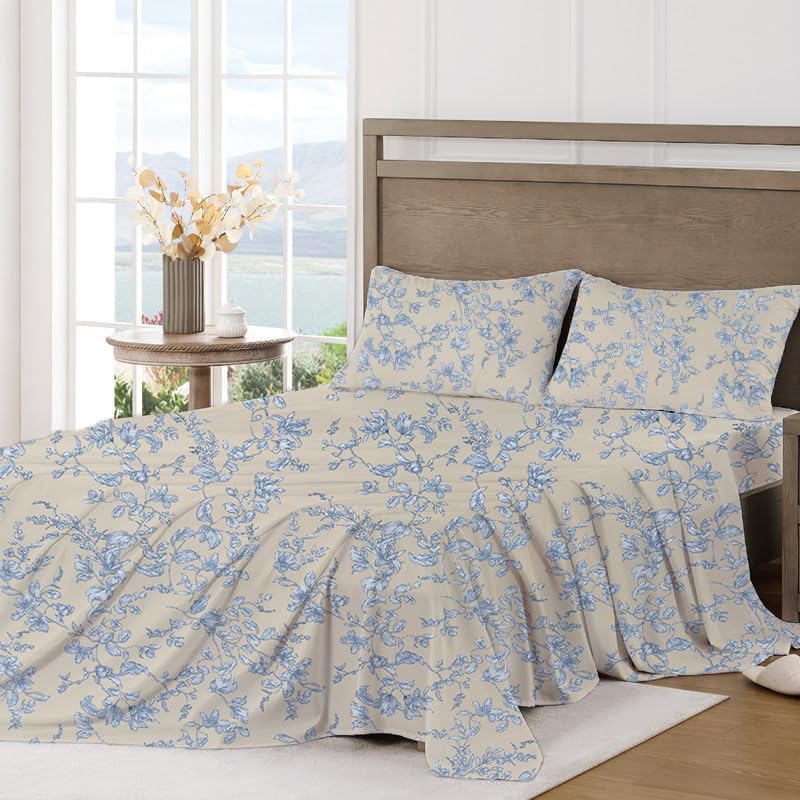 Cotton King Size Printed Bedsheet With 2 Pillow Covers - 108 X 108 Inches, Cream & Blue | Ideal For Home Use & Perfect For Gifting On Weddings, Housewarmings & Festivals