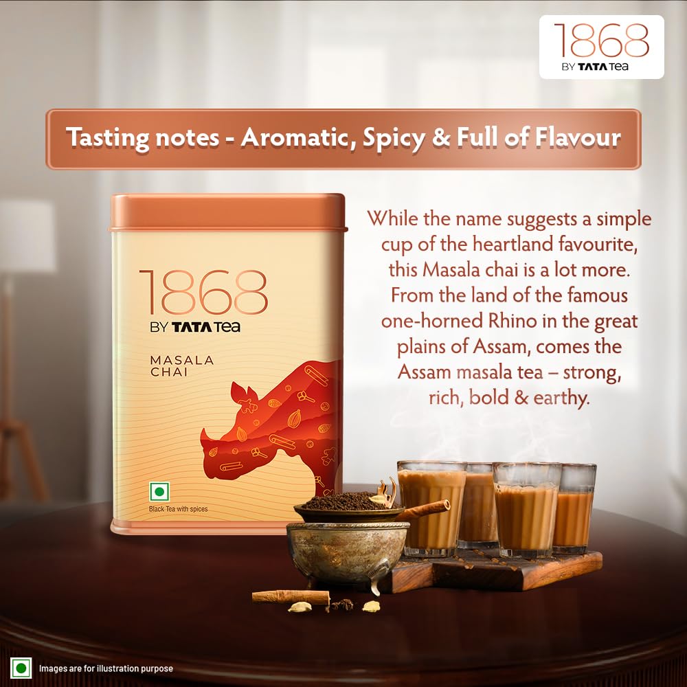 1868 By Tata Tea Masala Chai - 100gm, 3.5 Ounce | An Aromatic, Spicy & Full Of Flavor Premium Black Tea - Assam Masala Black Tea With Spices