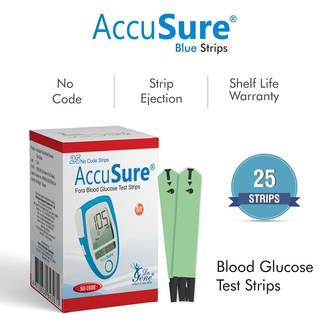 AccuSure Fora Blood Glucose Test Strips - 25 Strips | No Coding Technology