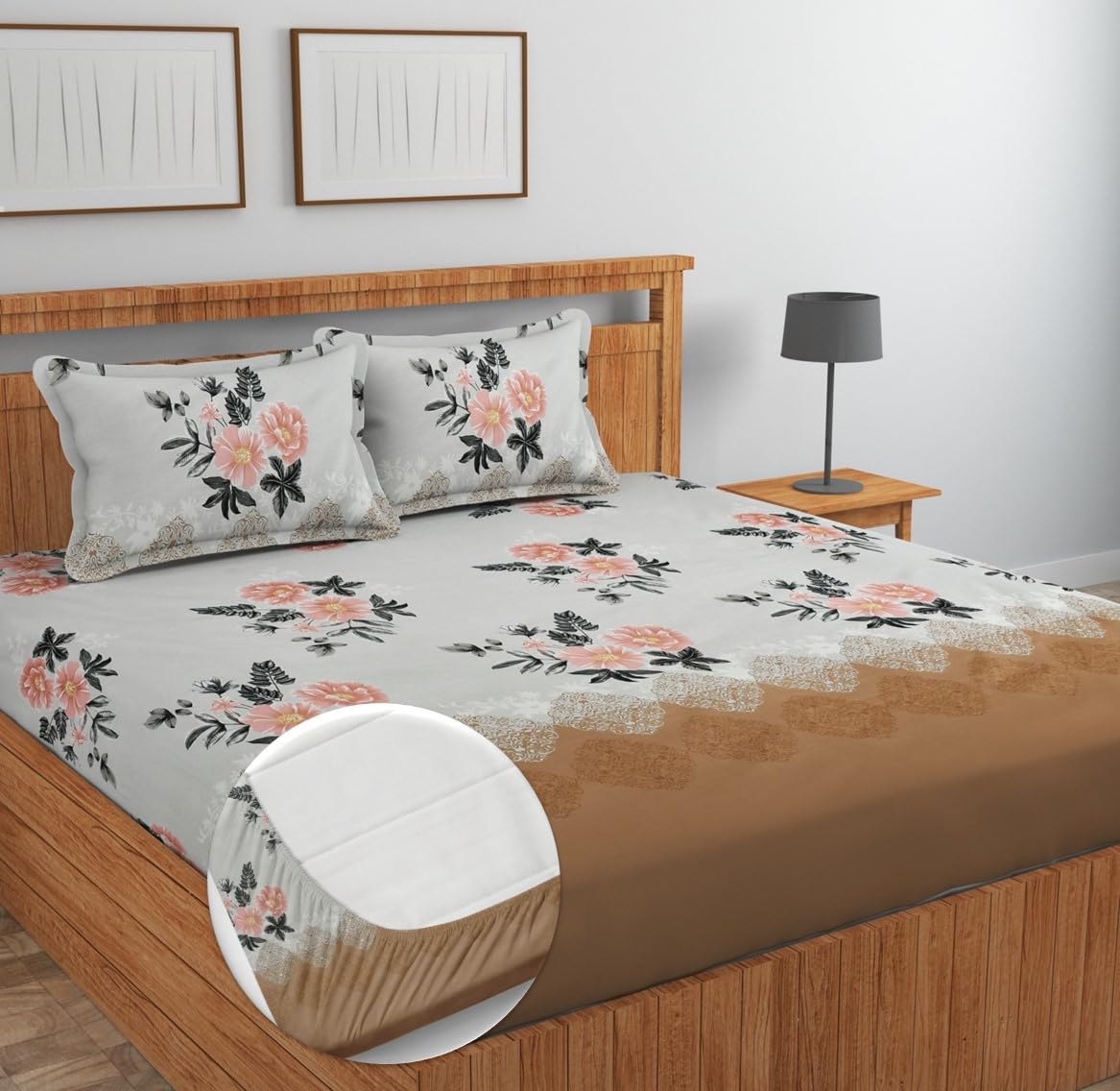 Pure Cotton Full Elastic Fitted Bedsheets For Double King Size Bed With 2 Pillow Covers | 72x78+10 Inches, Grey & Brown | Super Soft Brushed Glace | Breathable & Wrinkle Free