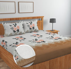Pure Cotton Full Elastic Fitted Bedsheets For Double King Size Bed With 2 Pillow Covers | 72x78+10 Inches, Grey & Brown | Super Soft Brushed Glace | Breathable & Wrinkle Free