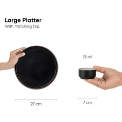 Large Round Ceramic Serving Platter, Black - 1 Platter + 1 Dip Bowl, 75ml Modern Series | Big Serving Plate Set With Matte Finish - Platters Serving Set | Microwave Safe & Dishwasher Safe