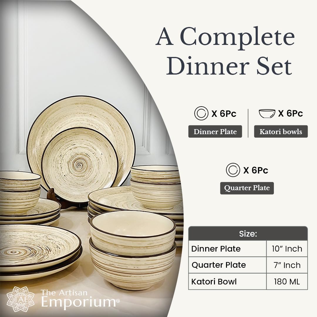 Iris Beige Handcrafted Ceramic Dinner Set - 18 Pieces | 6 Dinner Plates + 6 Katori Bowls, 180ml Each+ 6 Quarter Plates Dinnerware Set | Serving For 6, Microwave Safe & Dishwasher Safe