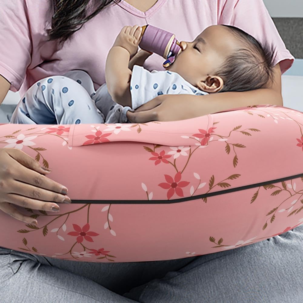Feeding Pillow For New Born Baby, 5 In 1 Multipurpose Use, Nursing Pillow, Pink | Pillow With Belt & Hoop For Breastfeeding With Cotton Removable Cover | Machine Washable, Comfortable