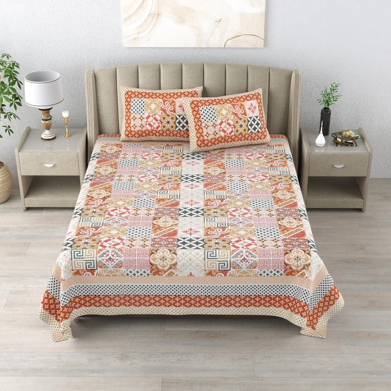 Cotton King Size Bedsheet With 2 Matching Pillow Covers - 90 X 108 Inches, Multicolor | Designer Printed Bedsheet Set - Naturally Soft, Breathable, & Skin-Friendly