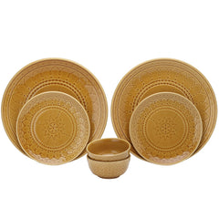 Handcrafted Stoneware Embossed Ceramic Dinner Set Of 6 Pcs - Golden Brown | 2 Dinner Plates+ 2 Small Plates+ 2 Small Bowls, 180ml Each - Microwave & Dishwasher Safe | Serving For 2