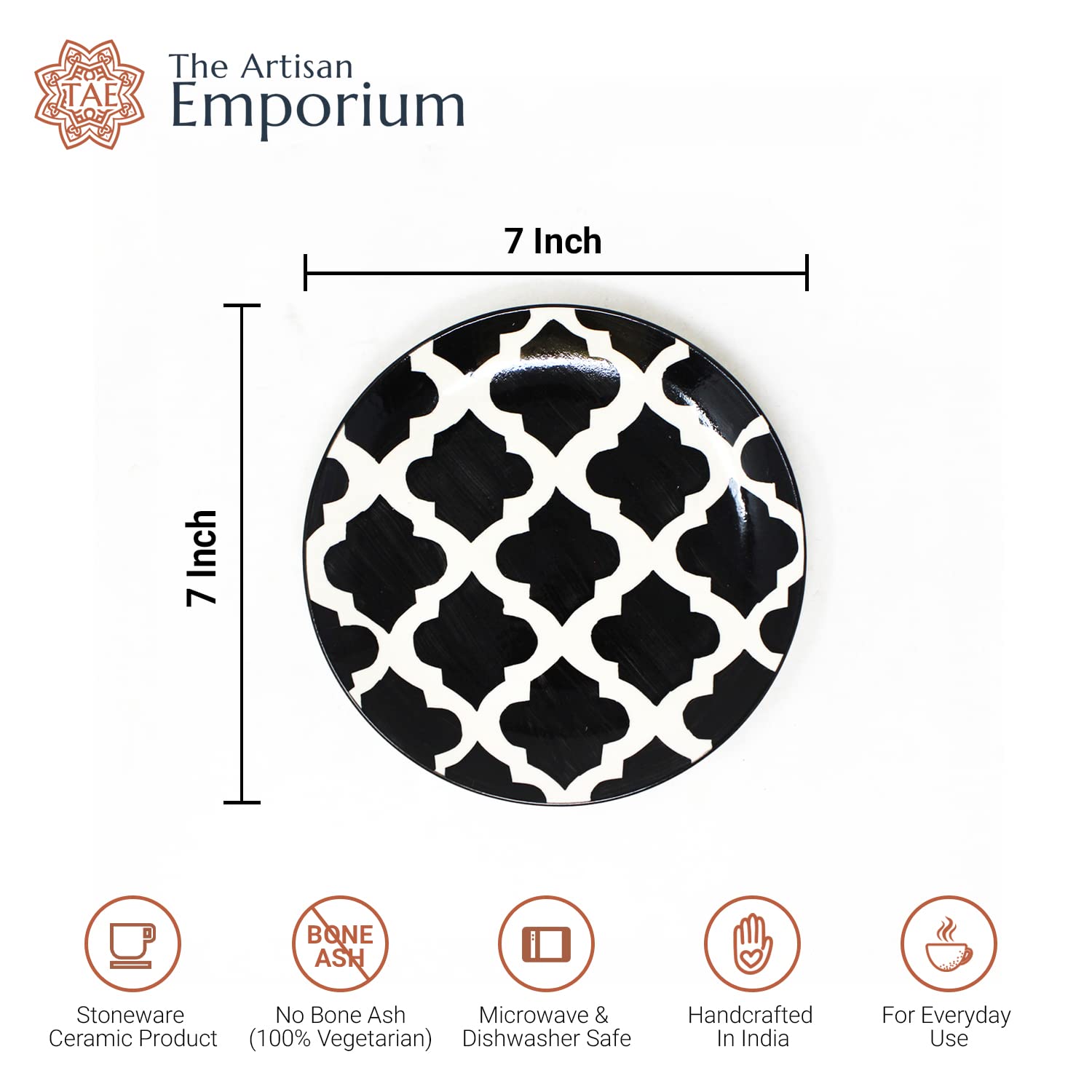 Black Moroccan Hand Painted Ceramic Quarter Plates Set Of 2 | Small Side Plates For Dinner & Snacks - 7 Inch, 2 Pieces, Microwave Safe