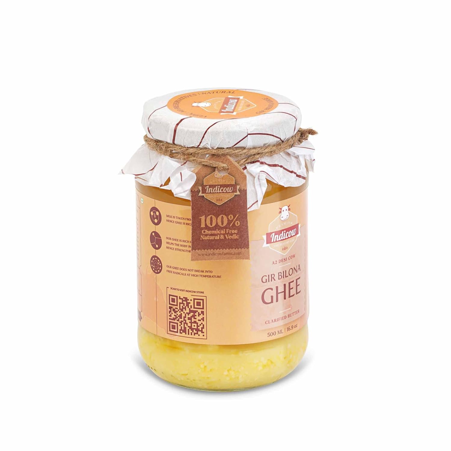 Pure Natural Gir Bilona A2 Cow Ghee By Indicow | Rich In Vitamins A, E Healthy Desi Cow Ghee Good For Digestive Health | (500ml) 16.9 Ounce | Jar Pack