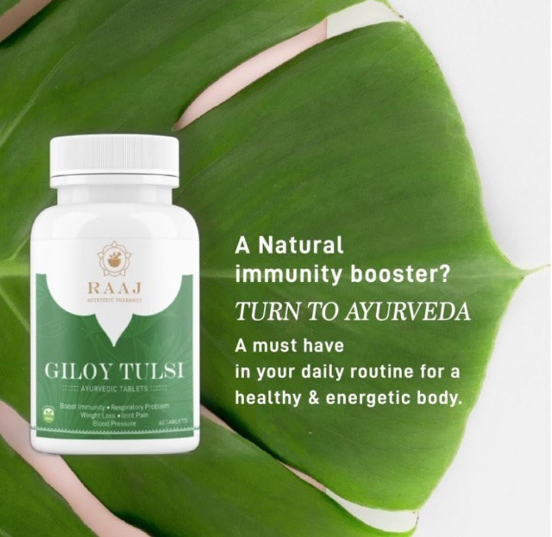 Raaj Ayurvedic Pharmacy Giloy Tulsi Tablets Natural Immunity Booster Ayurved Supplement Enhances Strength & Stamina, Natural Immunity Booster, Purifies Blood | 60 Tablets 100gm Each Pack Of 2