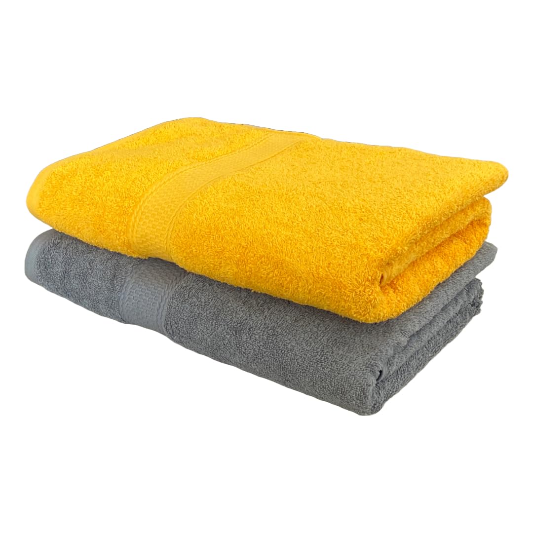 Patpug 100% Indian Ultra Soft Cotton 500 Gsm Highly Absorbent, Fade Resistant, Quick Drying Large Bath Towel (Silver Grey & Sunrise Yellow)