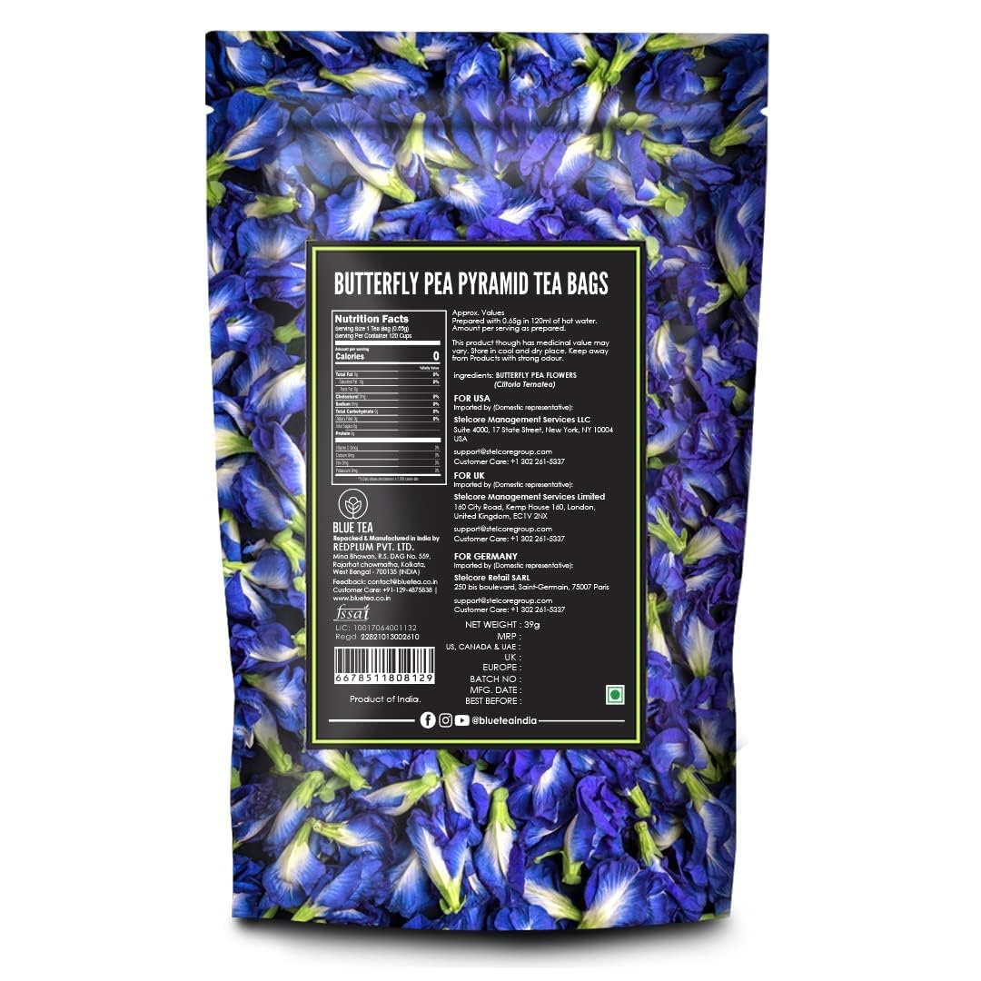 Blue Tea Butterfly Pea Flower Herbal Tea - 60 Pyramid Tea Bags | Sun Dried Flower Antioxidant Tea - Caffeine Free, Detox Tea | No Added Colors, Aparajita - Shankhpushpi, Zipper Pack