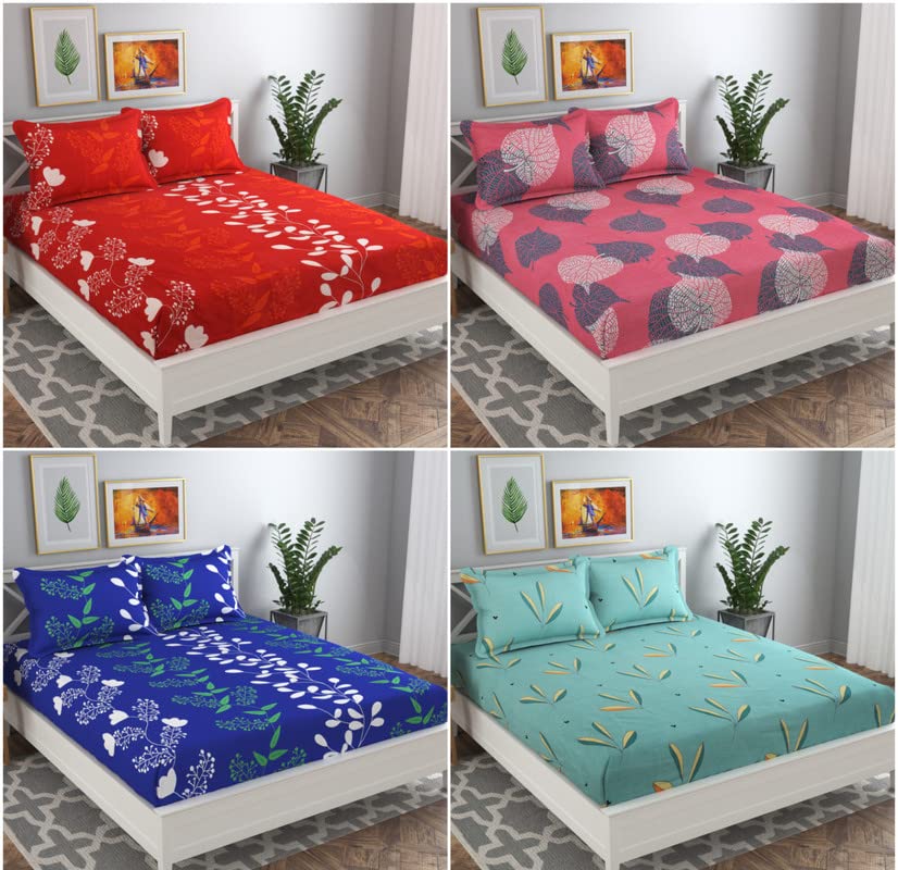 Combo Set Of 4 Bedsheet With 8 Pillow Covers | 86 X 90 Inches, Multicolor - Soft Brushed Microfiber Breathable & Wrinkle Free | Light Weight & Easy To Wash At Home