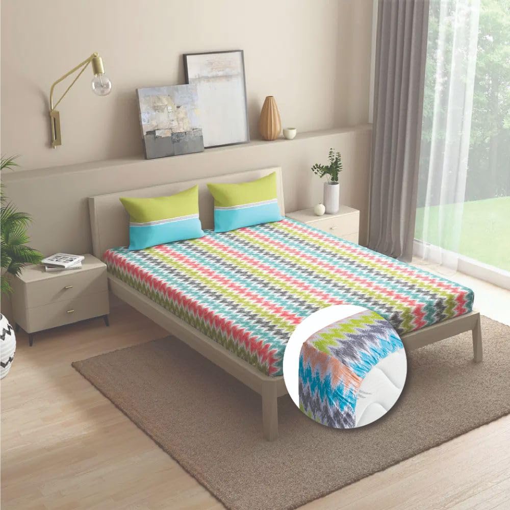 1 Double Bedsheet With 2 Matching Pillow Covers 72 X 48 Inches, Multicolor | 200 Thread Count Durable & Long Lasting | All Around Elastic Fitted Sheet