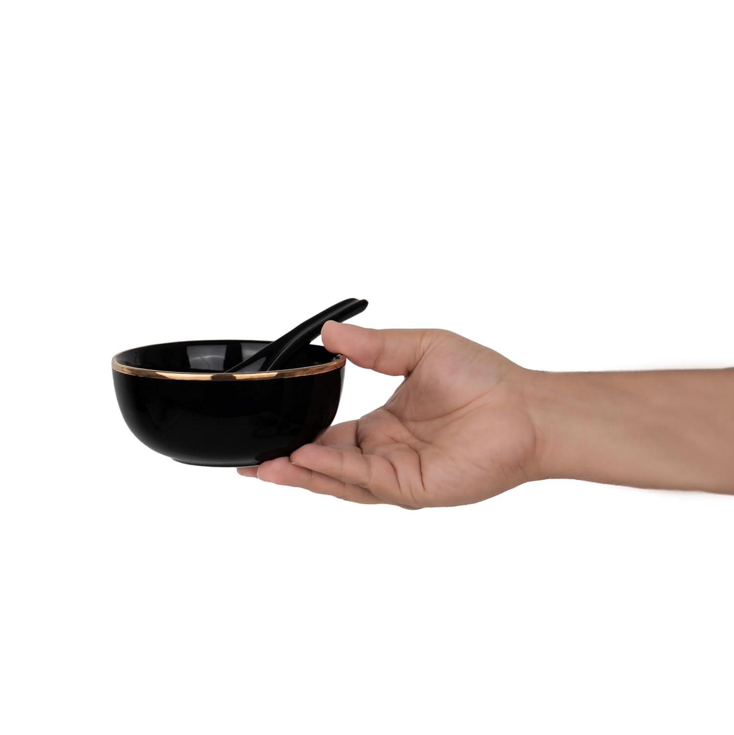 Ceramic Soup Bowl Set With Spoons - 300ml Each, Black Gold | 6 Pieces Soup Bowls + 6 Spoons | Glossy Finish - Premium Stoneware Ceramic Soup Bowls With Spoons | Soup Bowl Set Of 6
