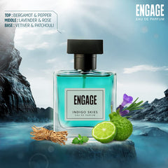 Engage Indigo Skies Eau De Parfum 100ml 3.4 Fl.oz. For Men | Long Lasting , Fresh & Earthy Fragrance , For Everyday Use , Gift For Men , Free Tester With Pack