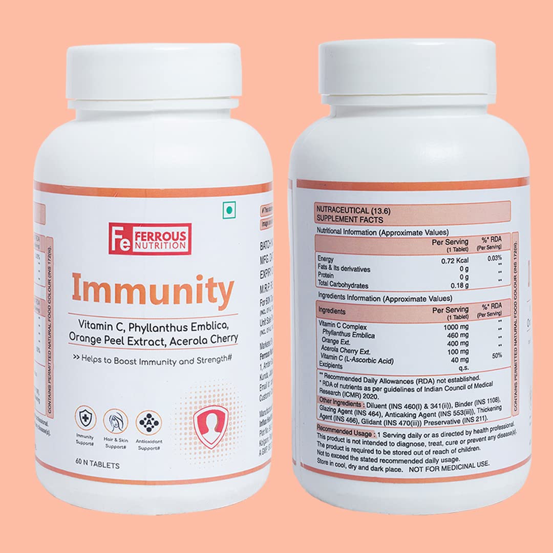 Ferrous Nutrition Immunity Vitamin C 1000mg Glowing Skin & Antioxidant | 60 Tablets , 100gm 0.2lbs