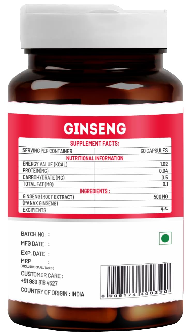 Vitawin Ginseng Capsules 500mg Ultimate Health & Nutrition Supplements For Rejuvanation, Strength, Stamina & Energy | 60 Capsules 100gm 0.2lbs