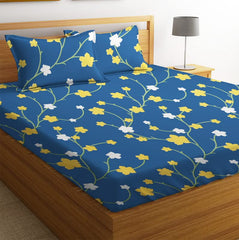 Printed 1 Double Bedsheets With 2 King Size Pillow Cover - 90 X 90 Inches, Blue & Yellow | Light Weight & Easy To Wash At Home